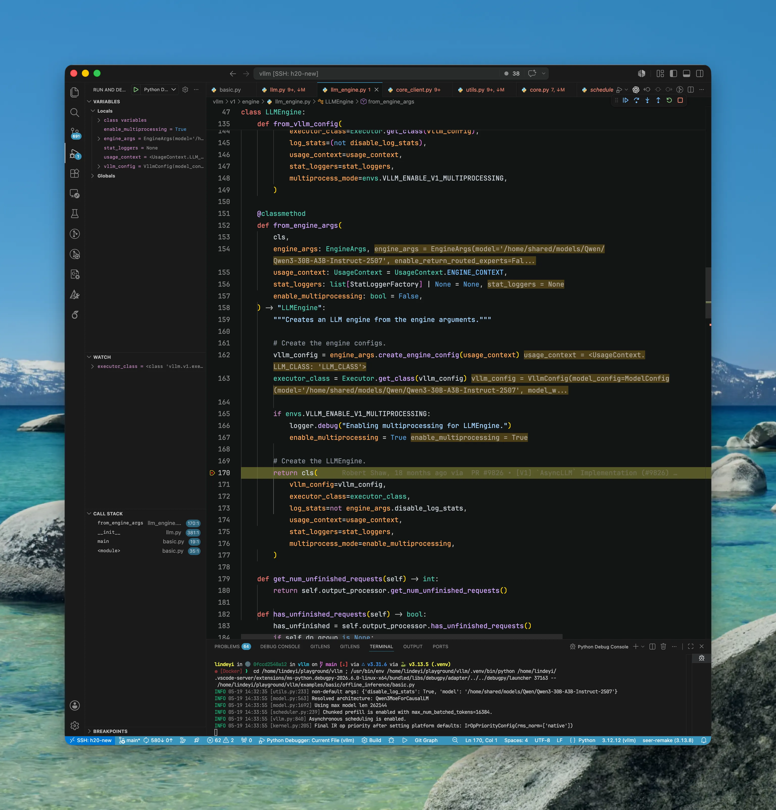 LLMEngine.from_engine_args(...) 被调用之后会生成并初始化一个 LLMEngine 实例。这里 executor_class=<class 'vllm.v1.executor.uniproc_executor.UniProcExecutor'>
